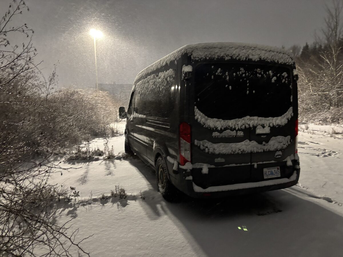 Low-light winter deployment context for lighting, visibility, charging, and cold-start routines.